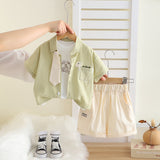 Boys Green Dinosaur Appliqued Shirt With T-Shirt Neck Tie And Shorts Set
