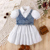 Girls Puff Sleeve Shirt Dress With Denim Vest