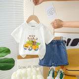 Boys White Car Printed Short Sleeves T-Shirt With Denim Shorts Set