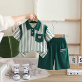 Boys Green Striped Contrast Collared Polo T-Shirt With Shorts Set