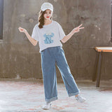 Girls Elephant Graphic T-Shirt With Denim Trouser Set