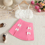 Girls Floral Applique Sleeveless Crop Top With Pink Skirt Sets