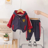 Boys Navy Blue Color-Blocked Fleece Hooded Zipper Jacket With Jogger Co-ord Sets