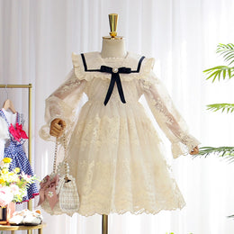 Girls Cream Floral Lace Long Sleeve A-Line Dress Casual Dresses Cream 3-4 Y