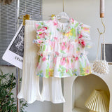 Girls Floral Printed Ruffle Peplum Top with Off-White Pleated Wide-Leg Pants Sets