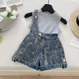 Girls Light Grey Sleeveless Top With Distressed Denim Dungaree Sets