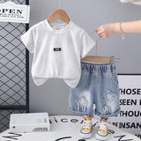 Boys White Short Sleeve Printed T-Shirt With Denim Shorts Set
