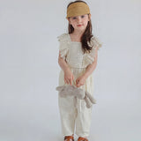 Girls Cream Swiss Dot Flutter Sleeve Jumpsuit