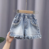 Girls Blue Pearl Embellished Denim Shorts