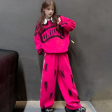 Girls Pink Typographic Printed Sweatshirt With Wide Leg Pant Sets