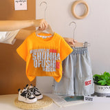 Boys Orange Typographic Printed T-shirt With Denim Shorts Sets