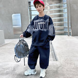 Boys Navy Blue Typographic Printed Sweatshirt With Pants Sets