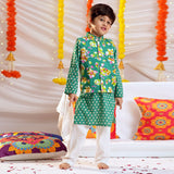 Boys Bandhani Print Kurta with Floral Print Nehru Jacket & Pajama Set