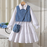 Girls White Long Sleeves Tiered Dress With Pearl Embellishments Denim Vest & Sling Bag