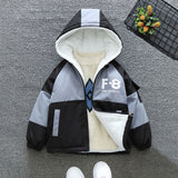 Boys Grey Color-blocked Long Sleeves Hooded Fur Lined Jacket