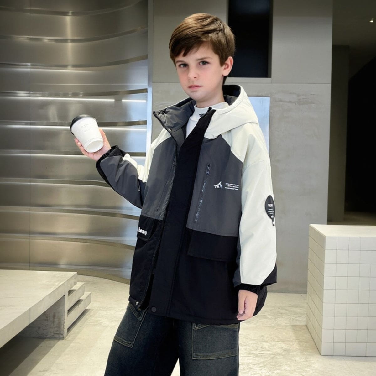 Boys Navy Blue Hooded Puffer Jacket With Long Sleeves