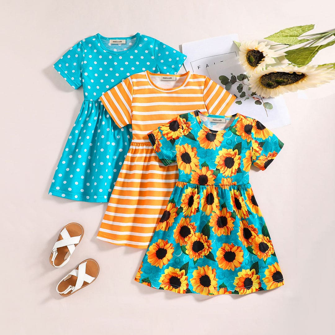 Girls Printed Short Sleeves Fit & Flare Casual Dress – INCLUD Girls Printed Short Sleeves Fit & Flare Casual Dress – INCLUD