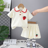 Girls Beige Strawberry Embroidered Short Sleeves T-shirt with Skirt Set