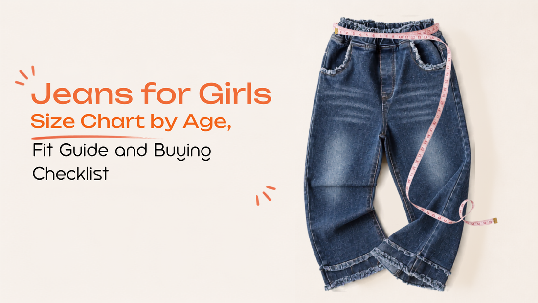 The shot: One pair of INCLUD girls' jeans laid flat, shot straight down from overhead, with a soft measuring tape draped naturally across the waistband and trailing off toward the hem — numbers legible where it crosses.