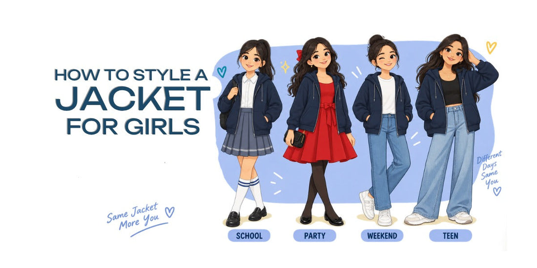 How to style a jacket for girls — one navy hooded jacket worn four ways: over a school uniform, a party dress, jeans and a T-shirt, and a teen's wide-leg jeans