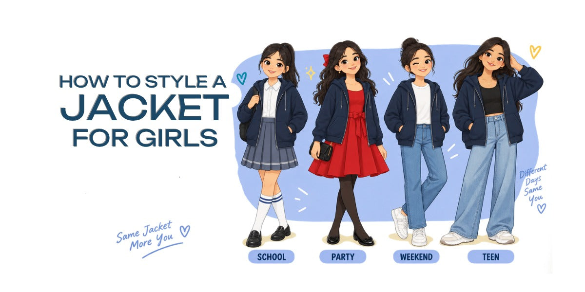 How to style a jacket for girls — one navy hooded jacket worn four ways: over a school uniform, a party dress, jeans and a T-shirt, and a teen's wide-leg jeans