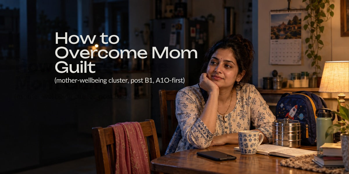 Mother sitting alone at a kitchen table at night with her phone face-down and a packed school bag beside her