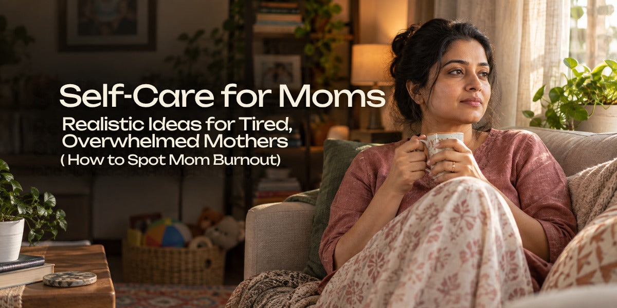 Self-care for moms: a mother resting with chai while her child plays independently