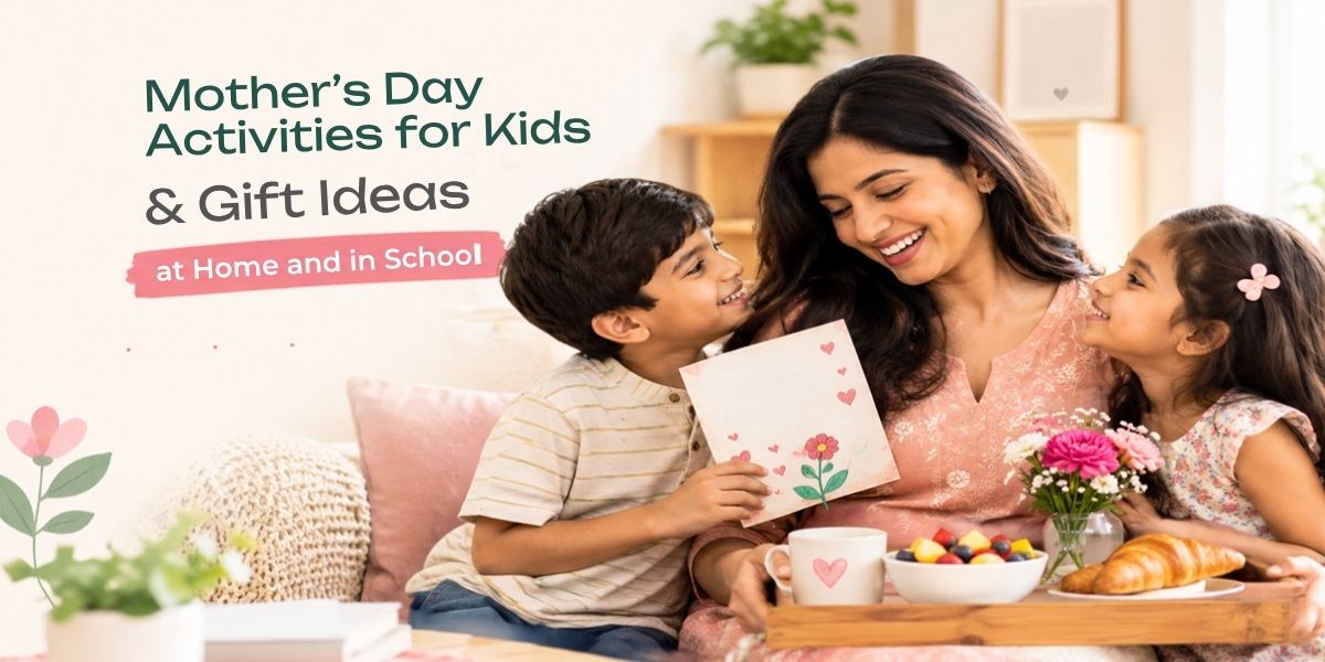 Mother's Day activities for kids: a brother and sister give their mother a handmade card and breakfast at home in India
