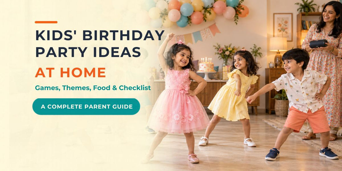 Kids birthday party ideas at home: children play freeze dance in a living room decorated with a pastel balloon garland