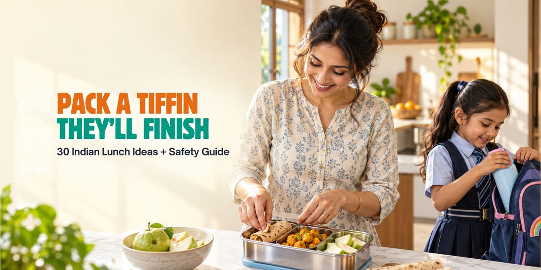 How to pack a school lunch box: a mother packs roti, sabzi and fruit into a steel three-compartment tiffin for her daughter