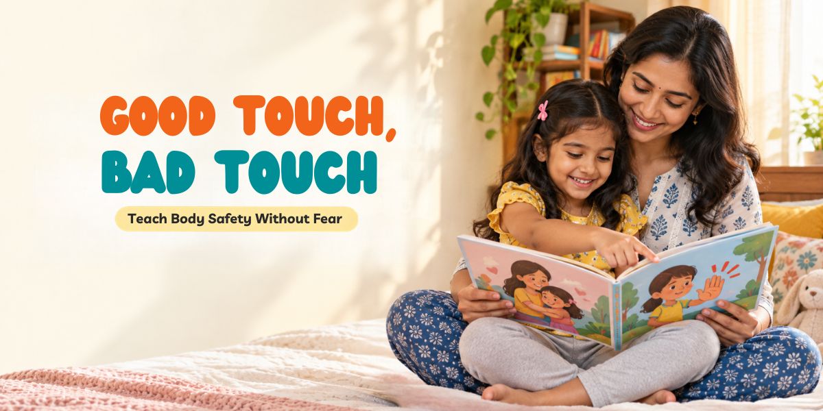 Good touch bad touch for kids: a mother reads a body safety picture book with her 5-year-old daughter
