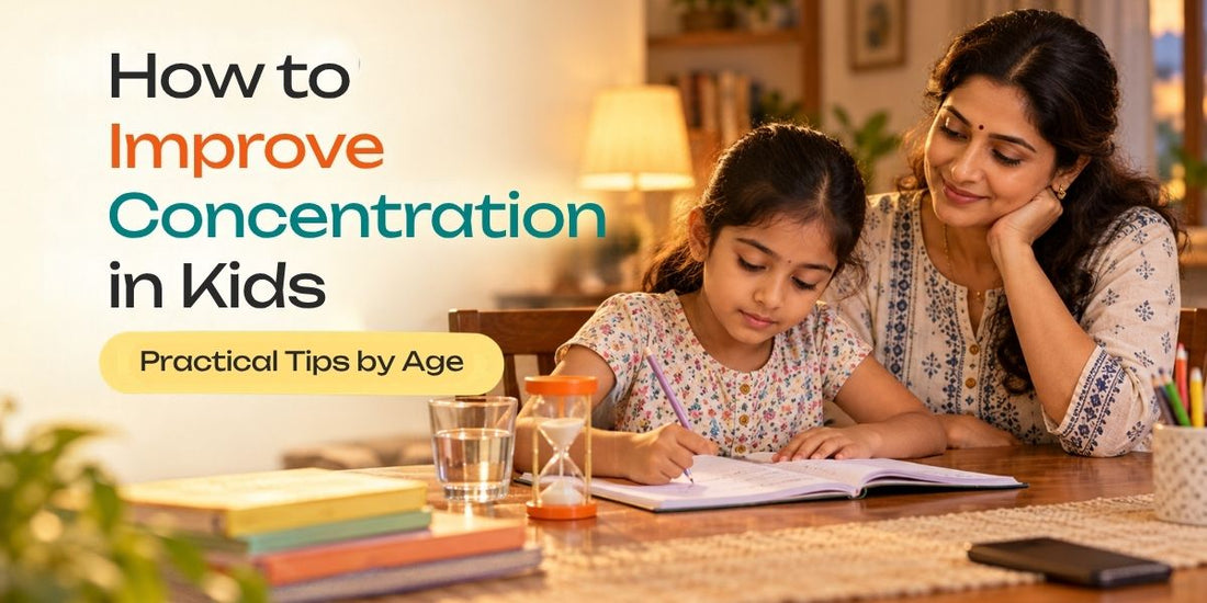 How to improve concentration in kids: a mother sits beside her daughter doing homework at a dining table with a timer