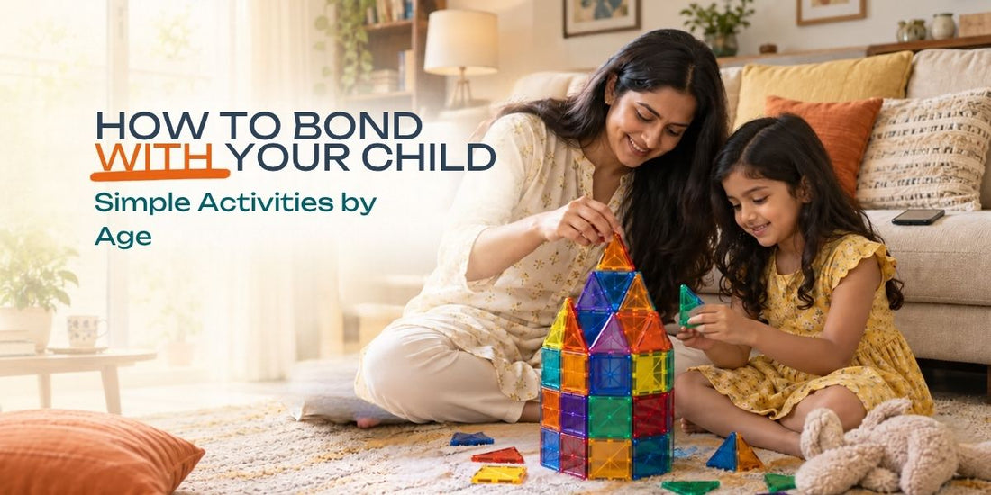 How to bond with your child: mother and daughter building magnetic tiles on the floor, phone face-down