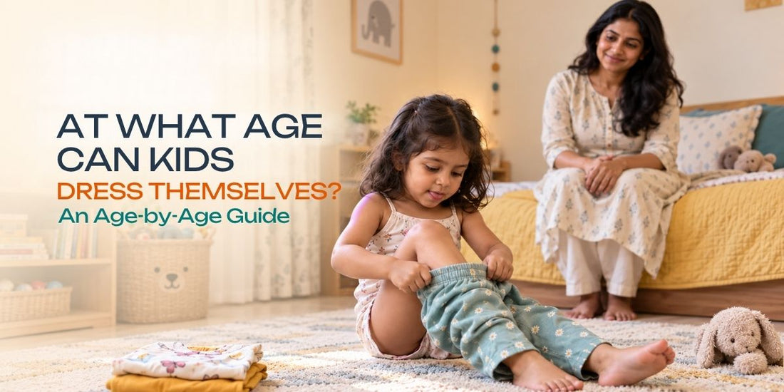 At what age can a child dress themselves: a 3-year-old pulling on elasticated pants while her mother waits without helping