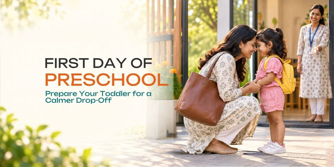 How to prepare toddler for preschool: a mother's short goodbye at the gate as the teacher takes her daughter's hand