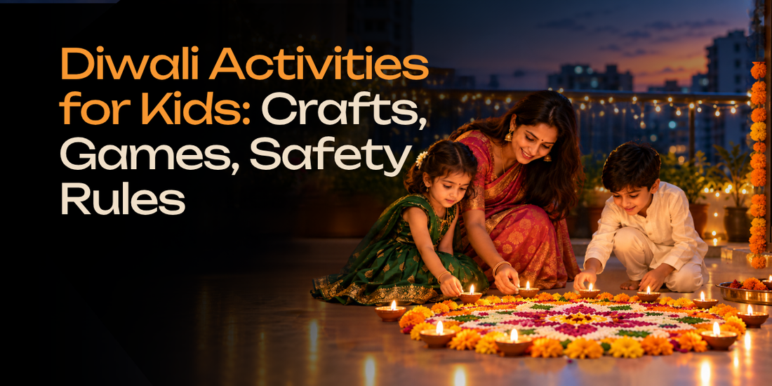 Diwali activities for kids: a mother helps her daughter and son place lit diyas around a rice rangoli on the balcony