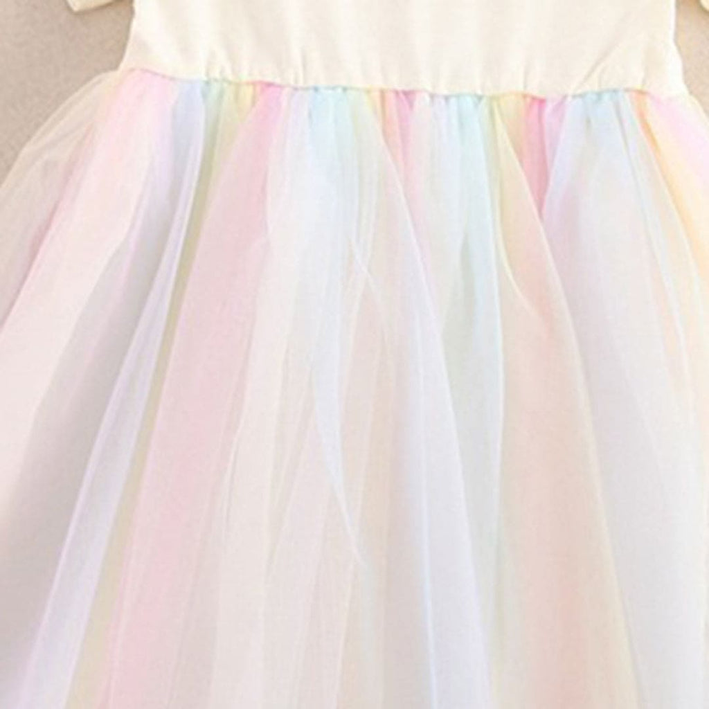 Girls Short Sleeve Rainbow Mesh Dress Casual Dresses   