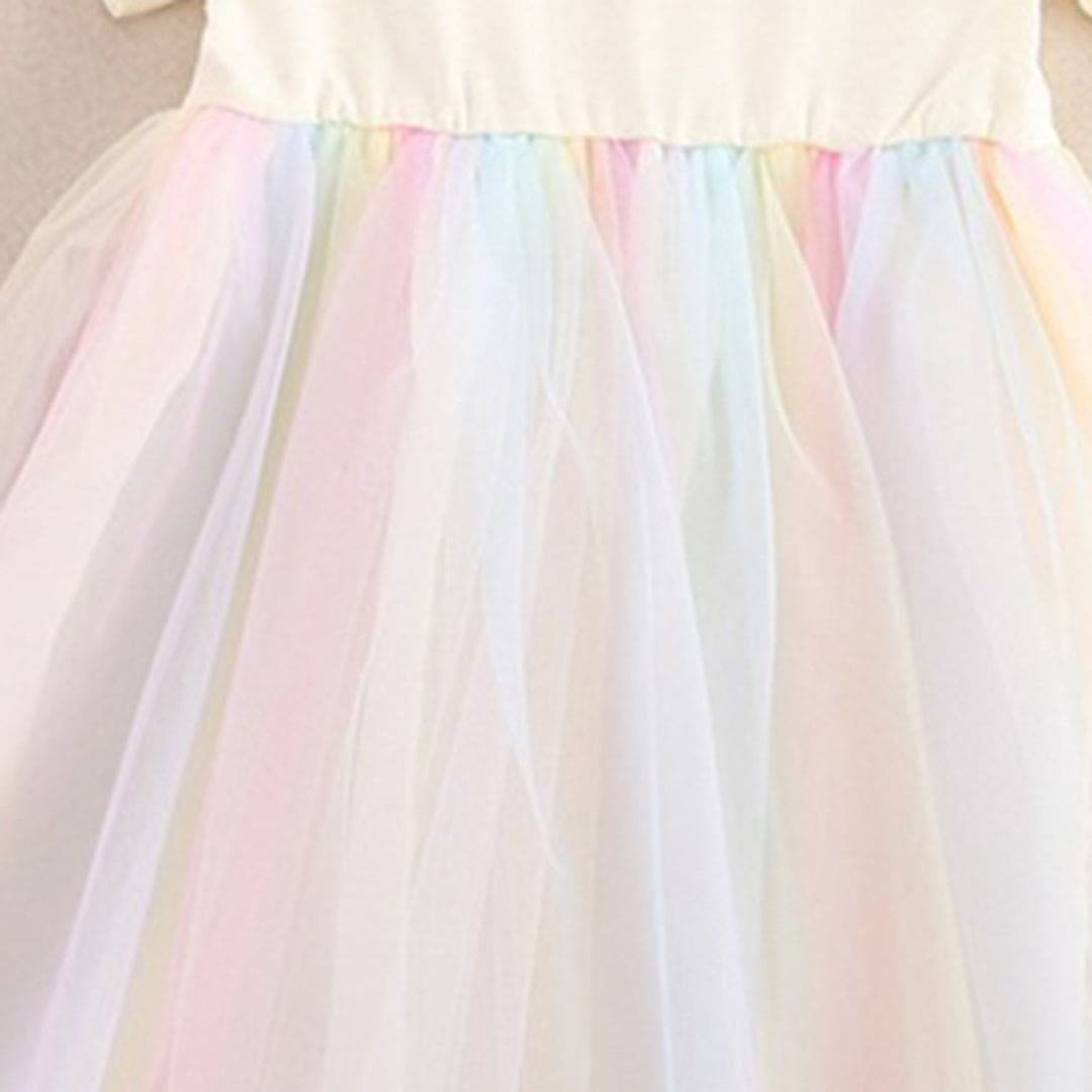 Girls Short Sleeve Rainbow Mesh Dress Casual Dresses   