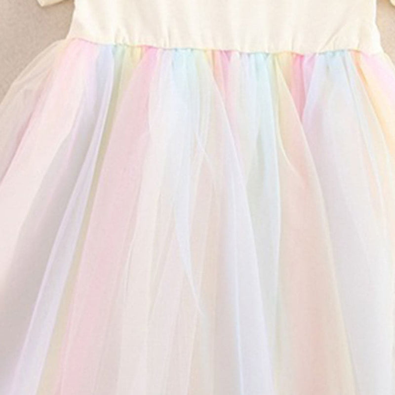 Girls Short Sleeve Rainbow Mesh Dress Casual Dresses   