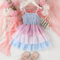 Girls Blue Smocked Sleeveless Layered Dress Casual Dresses Blue 3-4 Y