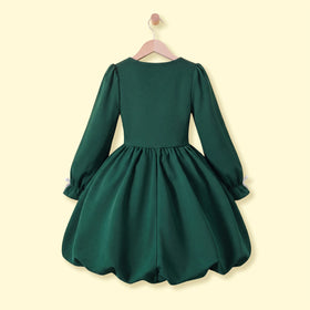 Girls Dark Green Bow Applique Balloon Dress Casual Dresses