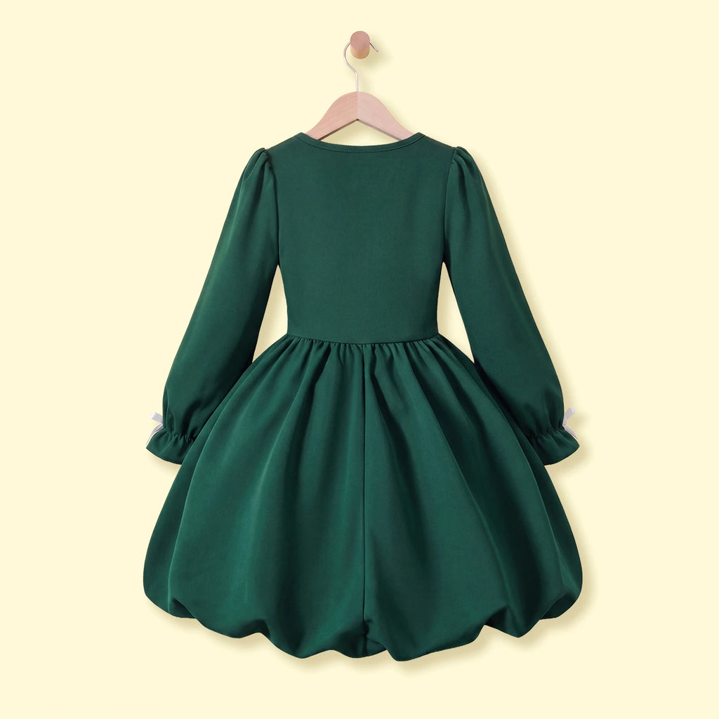 Girls Dark Green Bow Applique Balloon Dress Casual Dresses
