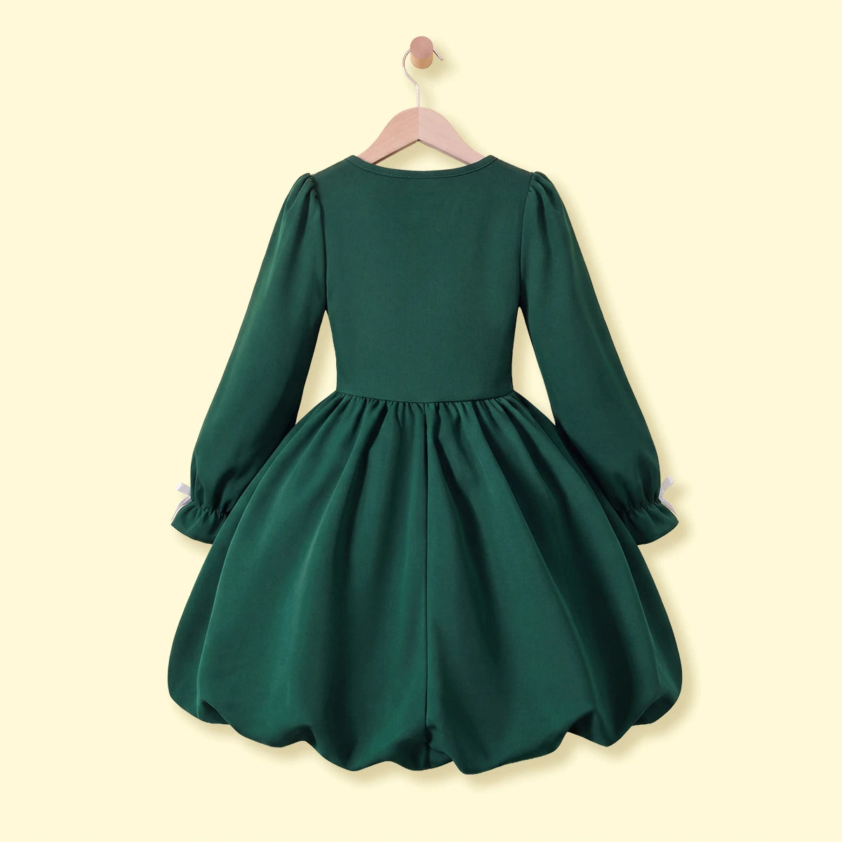 Girls Dark Green Bow Applique Balloon Dress Casual Dresses