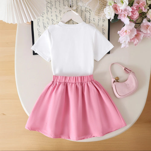 Girls White Floral Applique Short Sleeve Top With Skirt Sets 2 pc. Sets