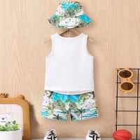 Boys White Vest With Tropical Printed Hat And Shorts Set Sets