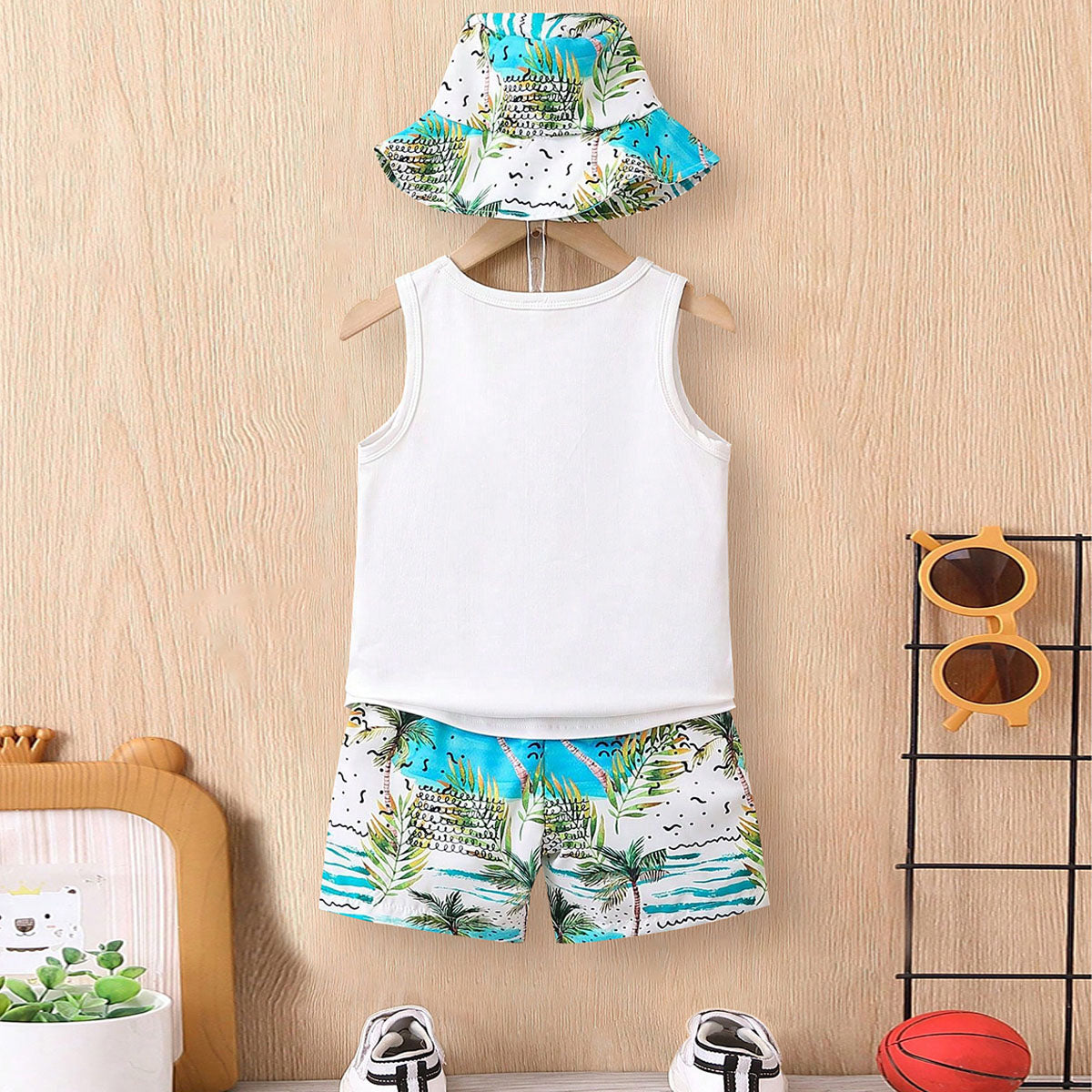 Boys White Vest With Tropical Printed Hat And Shorts Set Sets