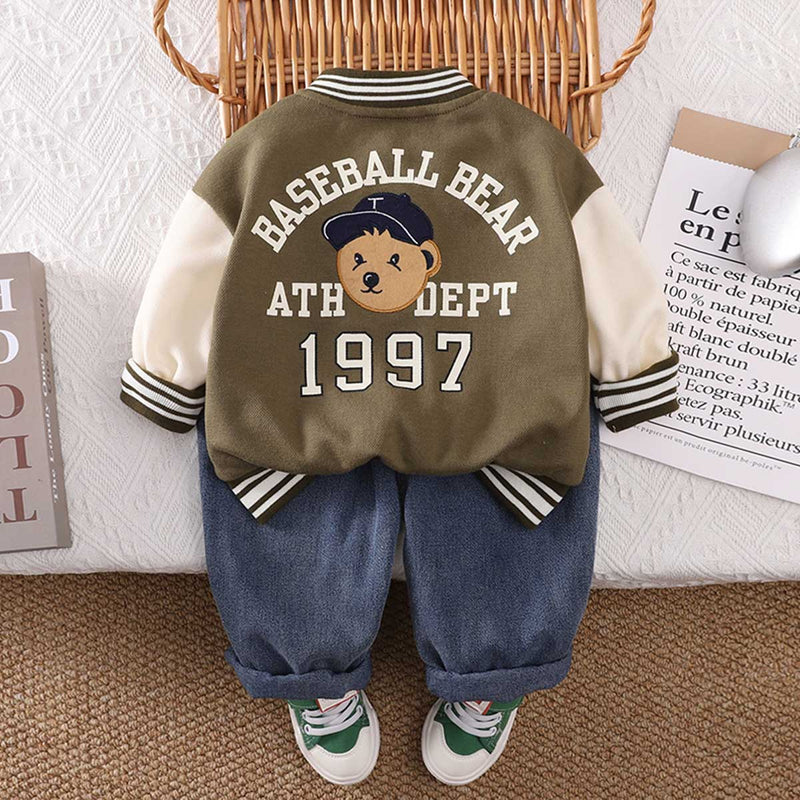Boys Army Green Printed Varsity Jacket with T-shirt & Jeans Set Sets