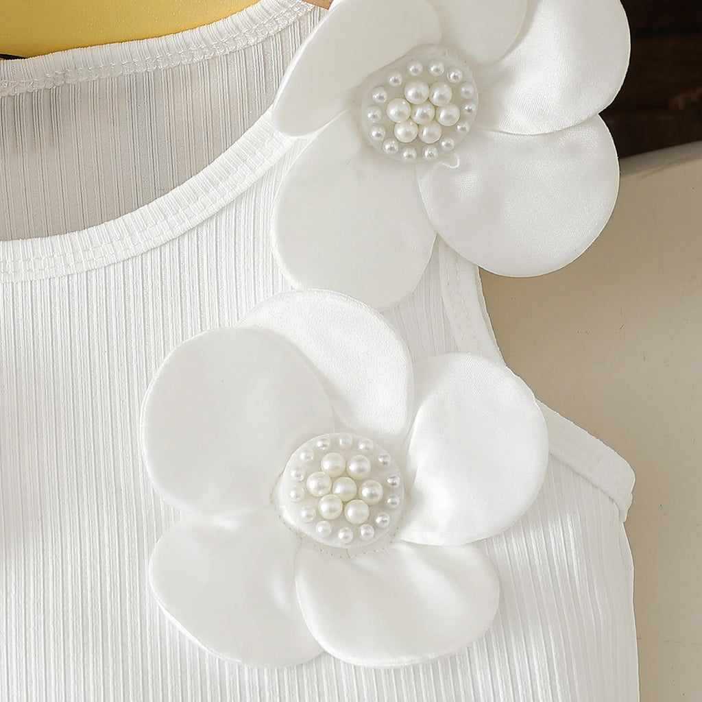 Girls White Flowers Applique Sleeveless Top With Wrap Skorts Set Sets
