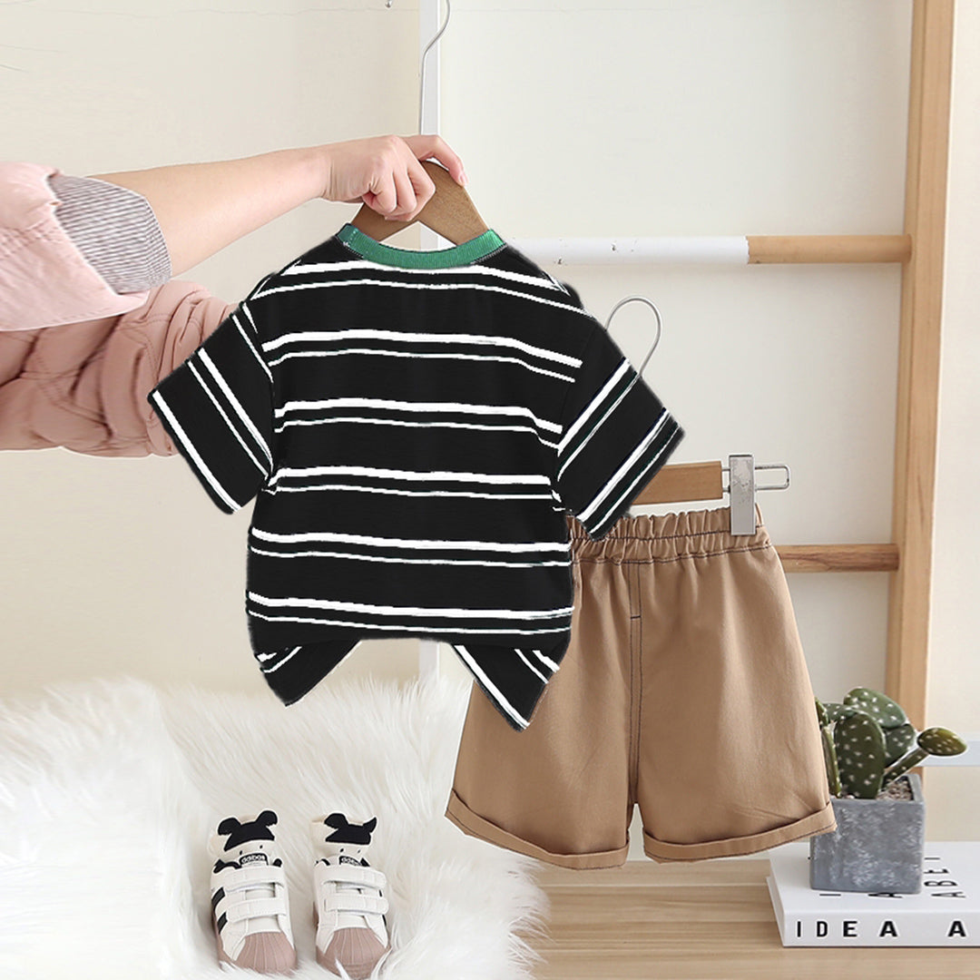 Boys Black Striped Short Sleeves Round Neck T-Shirt With Shorts Set 2 pc. Sets
