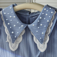 Girls Blue Textured Fit & Flare Dress With Embellished collar Casual Dresses